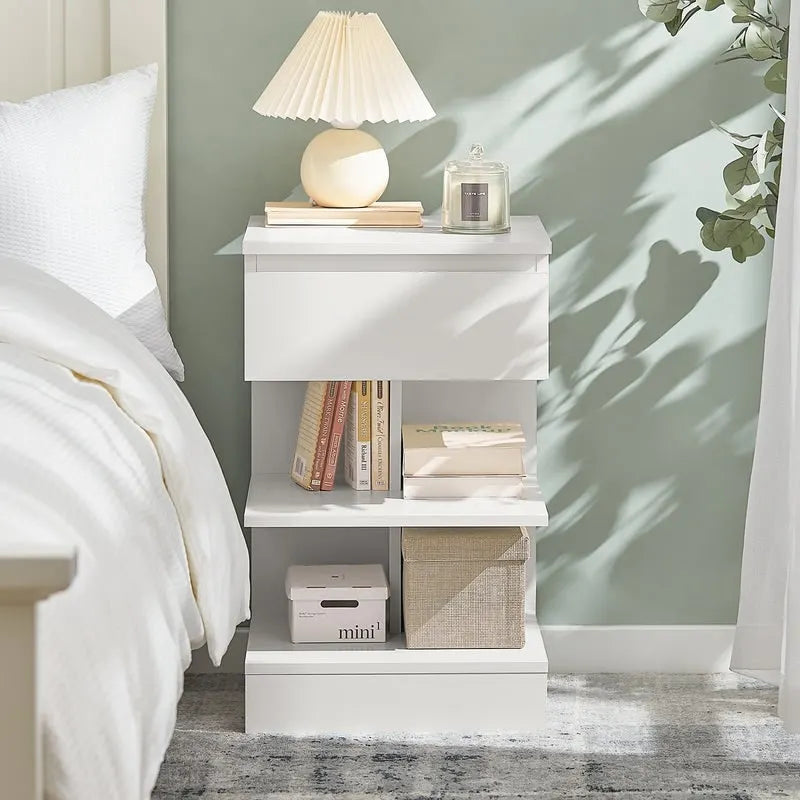 Haotian FBT49-W, Side Table Night Stand Bed Sofa Table With 1 Drawer And 2 Shelves