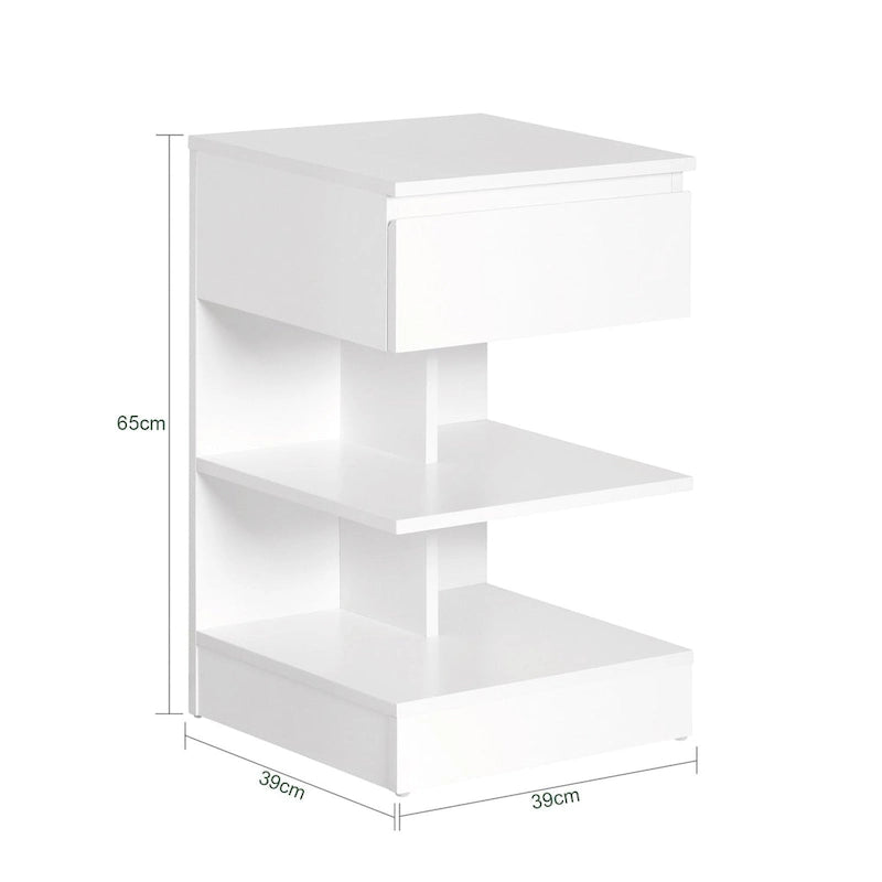 Table d'appoint blanche avec 1 tiroir et 2 étagères, pour 1 personne