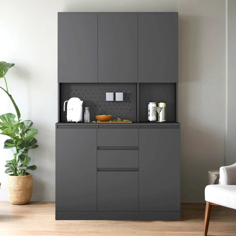 Armoire de cuisine autoportante noire/blanche avec 6 portes, 3 étagères et 1 tiroir – Unité individuelle
