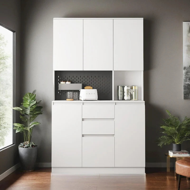 Armoire de cuisine autoportante noire/blanche avec 6 portes, 3 étagères et 1 tiroir – Unité individuelle