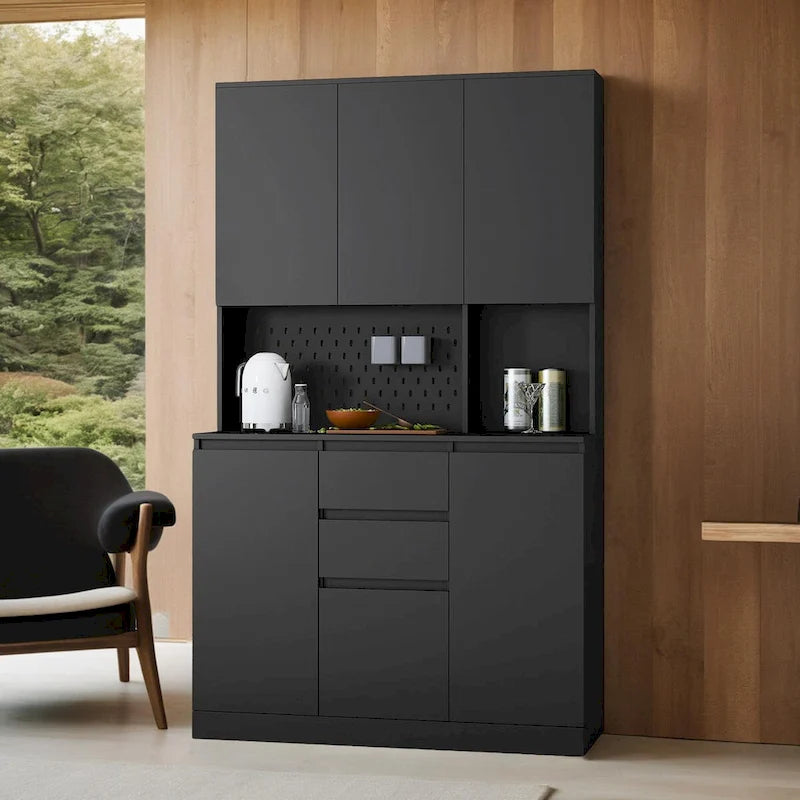 Armoire de cuisine autoportante noire/blanche avec 6 portes, 3 étagères et 1 tiroir – Unité individuelle