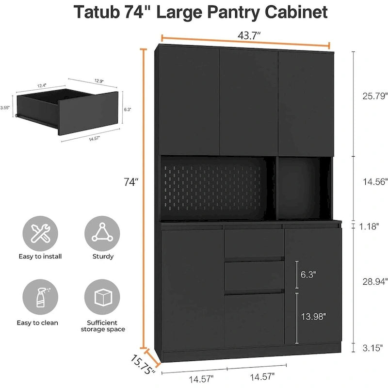 Armoire de cuisine autoportante noire/blanche avec 6 portes, 3 étagères et 1 tiroir – Unité individuelle