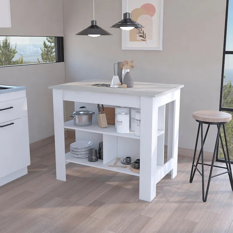 Îlot de cuisine Dozza, trois étagères, finition Blanc / Marbre Ibiza