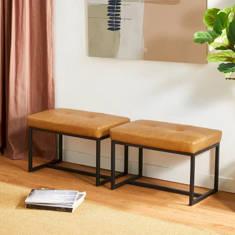 Glitzhome Ensemble de 2 poufs / repose-pieds ottoman modernes en cuir PU capitonné 24W