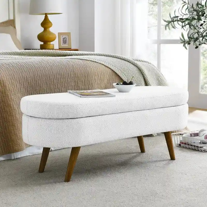 Banc de rangement capitonné moderne avec pieds en bois massif, Repose-pieds d'entrée, Banc de bout de lit, Pouf de coiffeuse