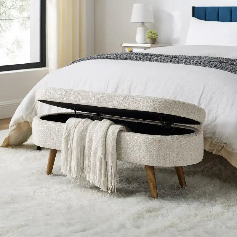 Banc de rangement capitonné moderne avec pieds en bois massif, Repose-pieds d'entrée, Banc de bout de lit, Pouf de coiffeuse