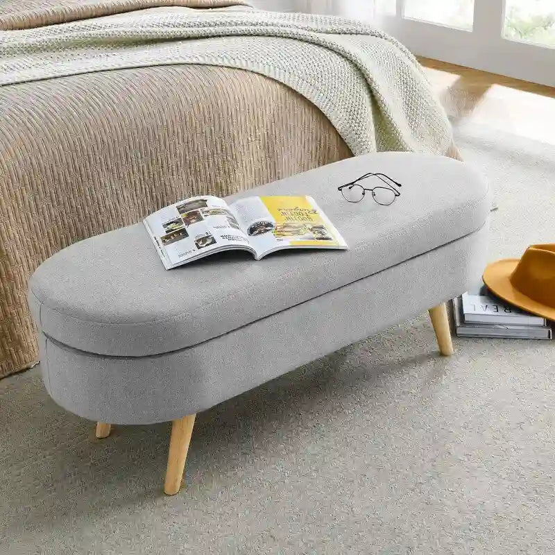 Banc de rangement capitonné moderne avec pieds en bois massif, Repose-pieds d'entrée, Banc de bout de lit, Pouf de coiffeuse