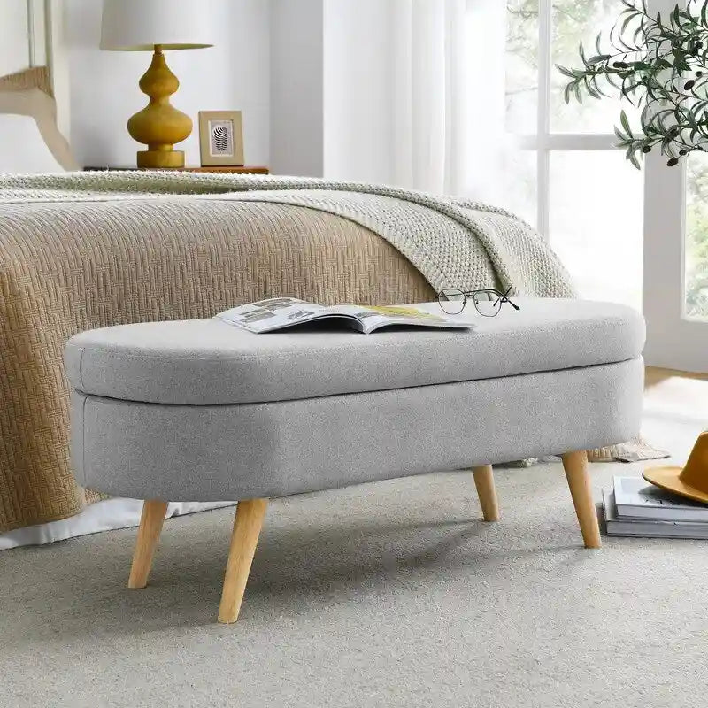 Banc de rangement capitonné moderne avec pieds en bois massif, Repose-pieds d'entrée, Banc de bout de lit, Pouf de coiffeuse