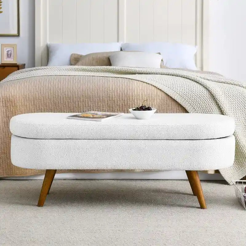 Banc de rangement capitonné moderne avec pieds en bois massif, Repose-pieds d'entrée, Banc de bout de lit, Pouf de coiffeuse