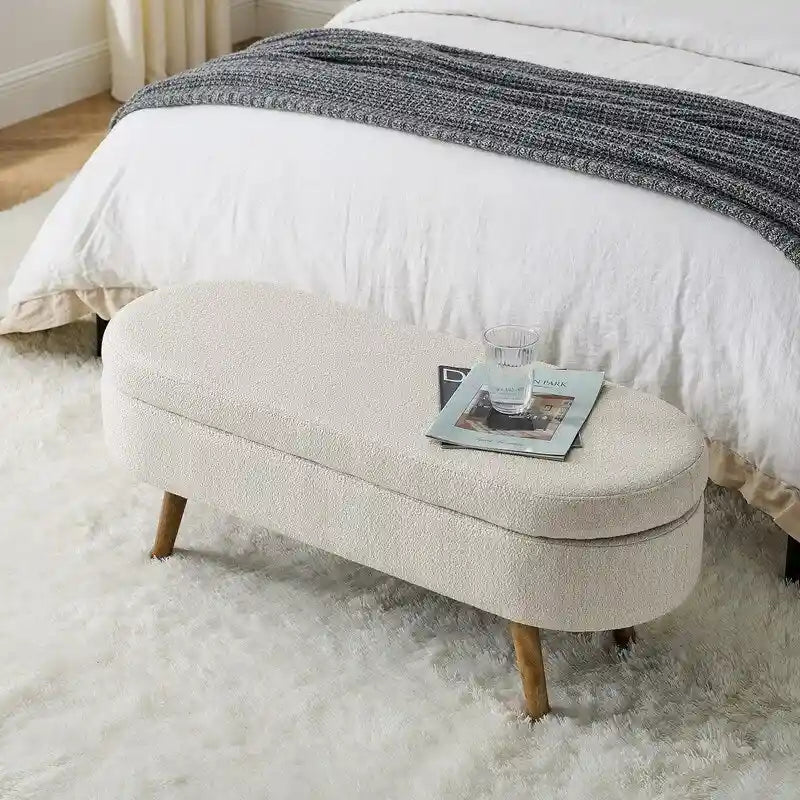 Banc de rangement capitonné moderne avec pieds en bois massif, Repose-pieds d'entrée, Banc de bout de lit, Pouf de coiffeuse