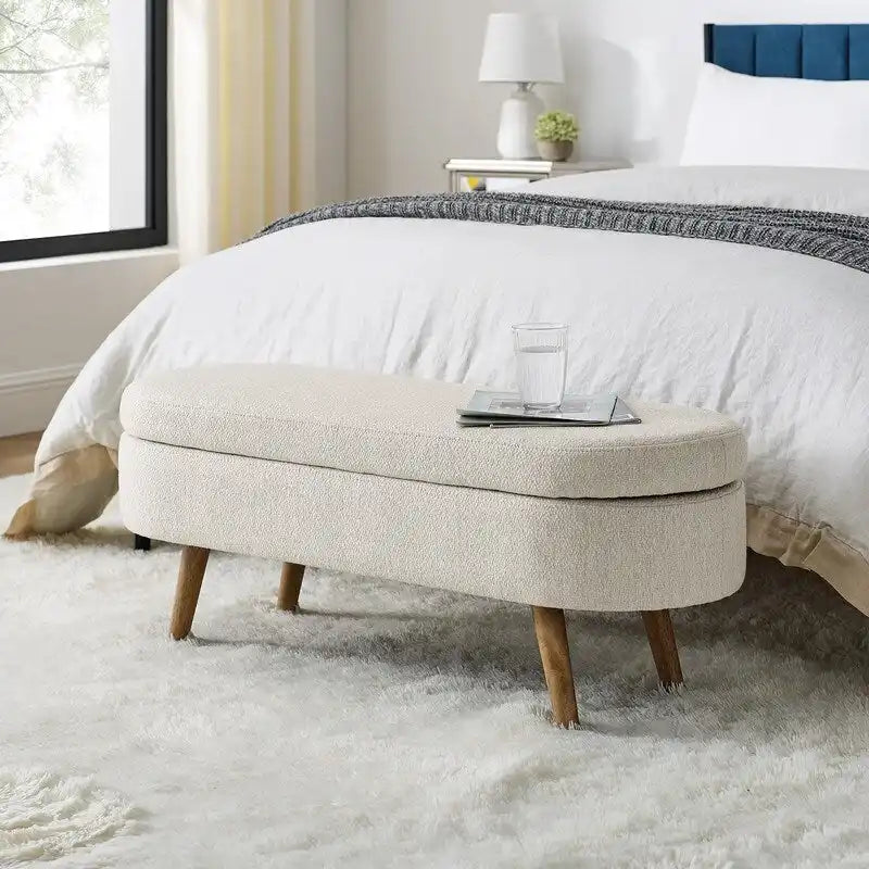 Banc de rangement capitonné moderne avec pieds en bois massif, Repose-pieds d'entrée, Banc de bout de lit, Pouf de coiffeuse