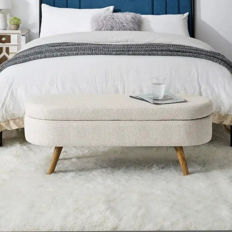 Banc de rangement capitonné moderne avec pieds en bois massif, Repose-pieds d'entrée, Banc de bout de lit, Pouf de coiffeuse
