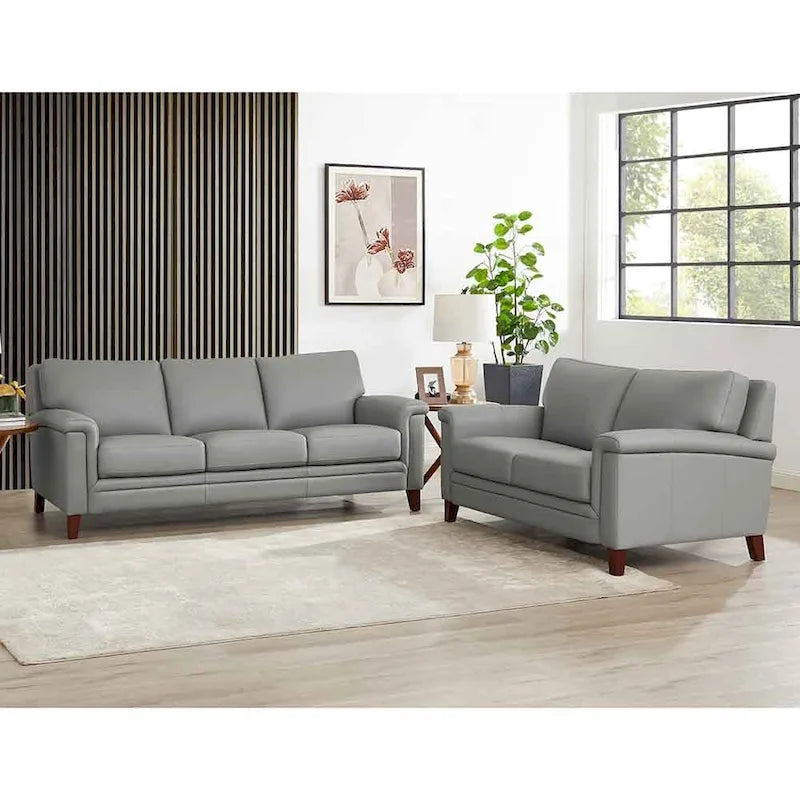 Ensemble Canapé et Causeuse en Cuir Transitionnel Bleu Spa / Gris Argent / Blanc Vanille, 2+3 Places