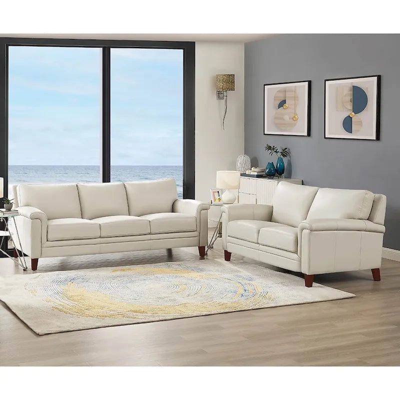 Ensemble Canapé et Causeuse en Cuir Transitionnel Bleu Spa / Gris Argent / Blanc Vanille, 2+3 Places