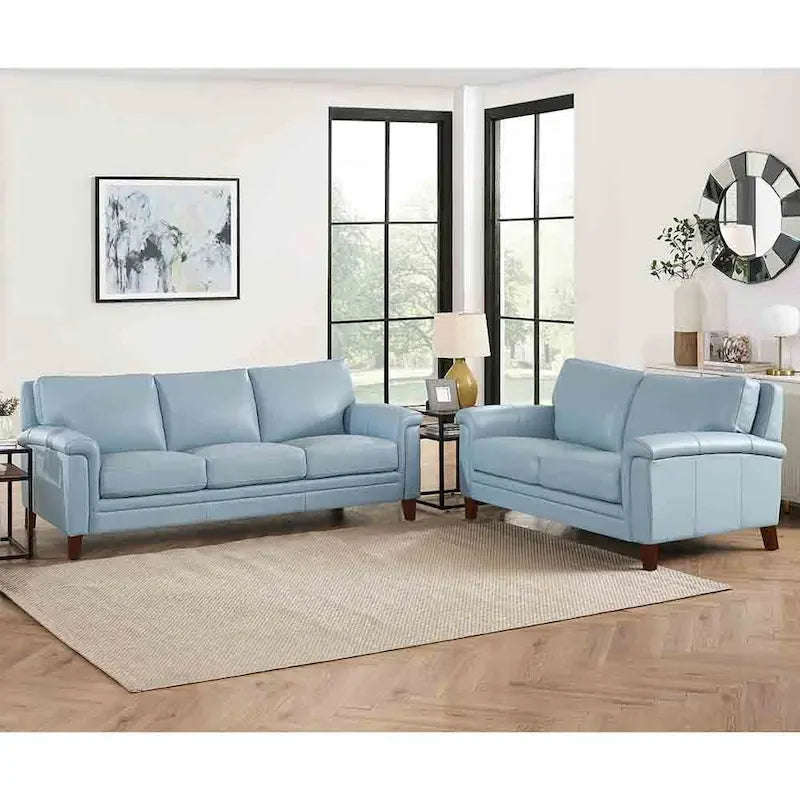 Ensemble Canapé et Causeuse en Cuir Transitionnel Bleu Spa / Gris Argent / Blanc Vanille, 2+3 Places