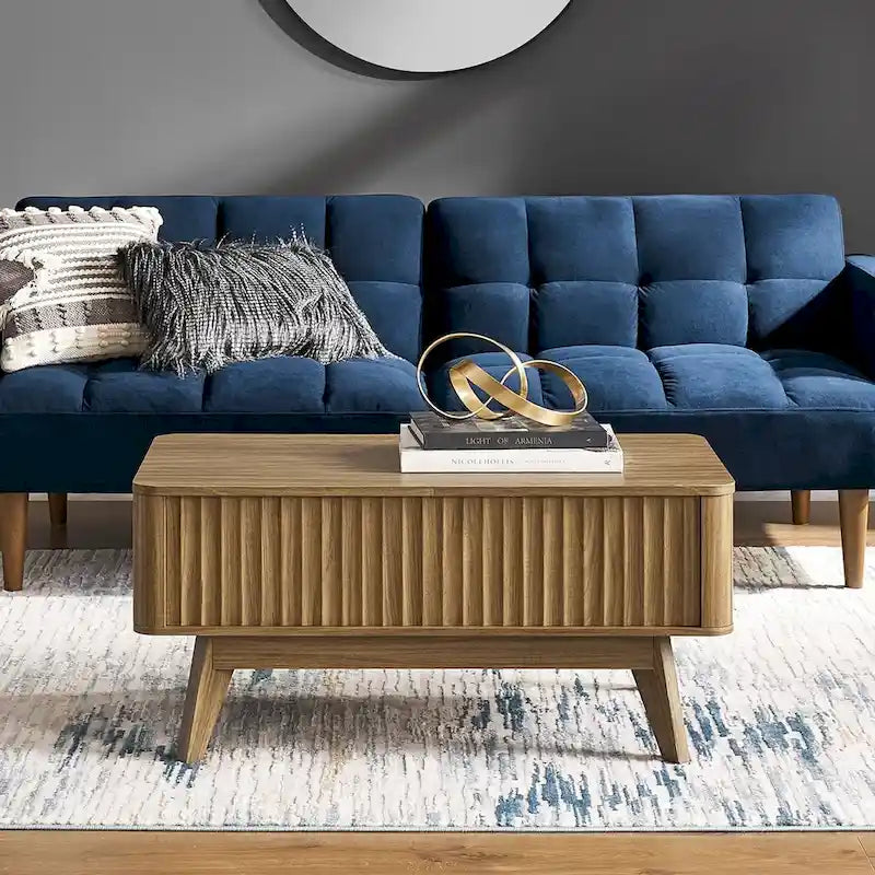 Table basse relevable avec rangement, panneaux cannelés, style Art déco – 1 personne