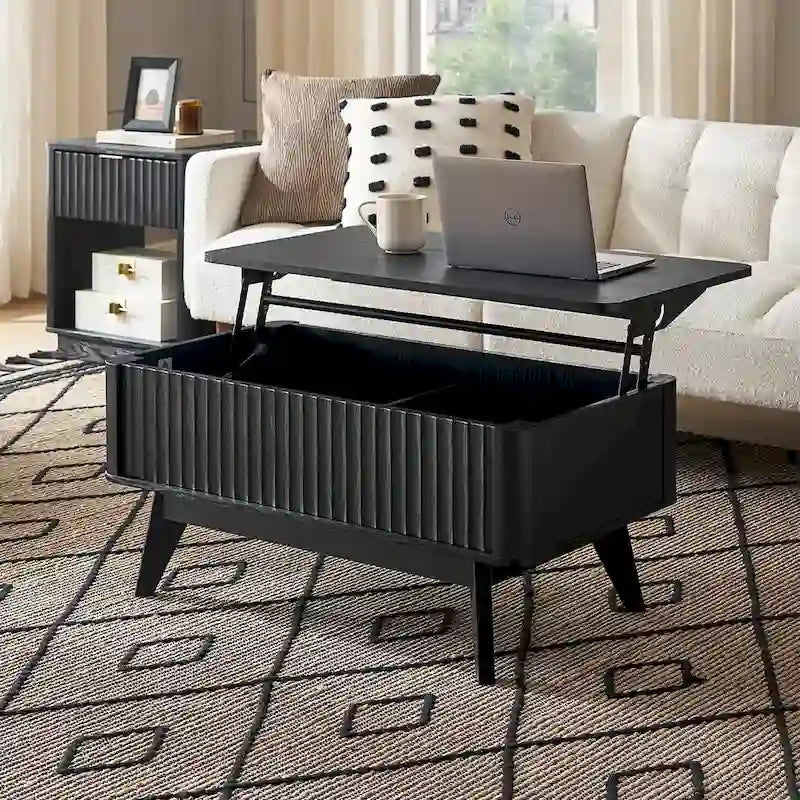 Table basse relevable avec rangement, panneaux cannelés, style Art déco – 1 personne