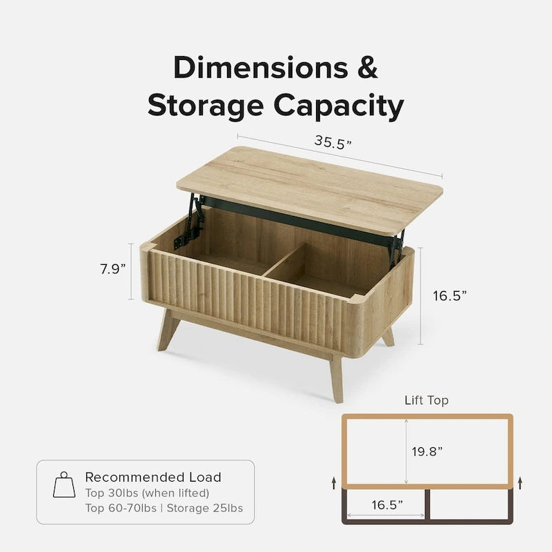 Table basse relevable avec rangement, panneaux cannelés, style Art déco – 1 personne