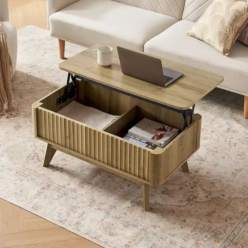 Table basse relevable avec rangement, panneaux cannelés, style Art déco – 1 personne