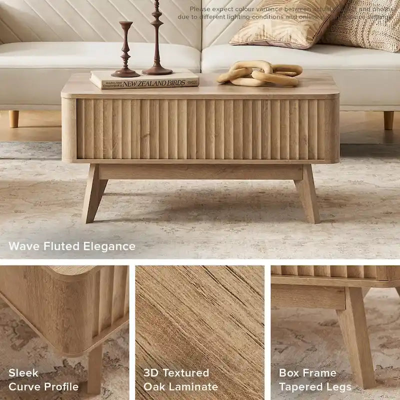 Table basse relevable avec rangement, panneaux cannelés, style Art déco – 1 personne