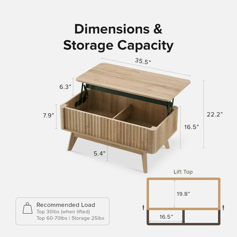 Table basse relevable avec rangement, panneaux cannelés, style Art déco – 1 personne