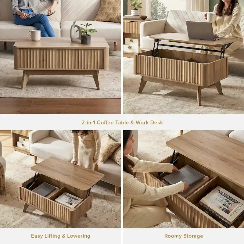 Table basse relevable avec rangement, panneaux cannelés, style Art déco – 1 personne