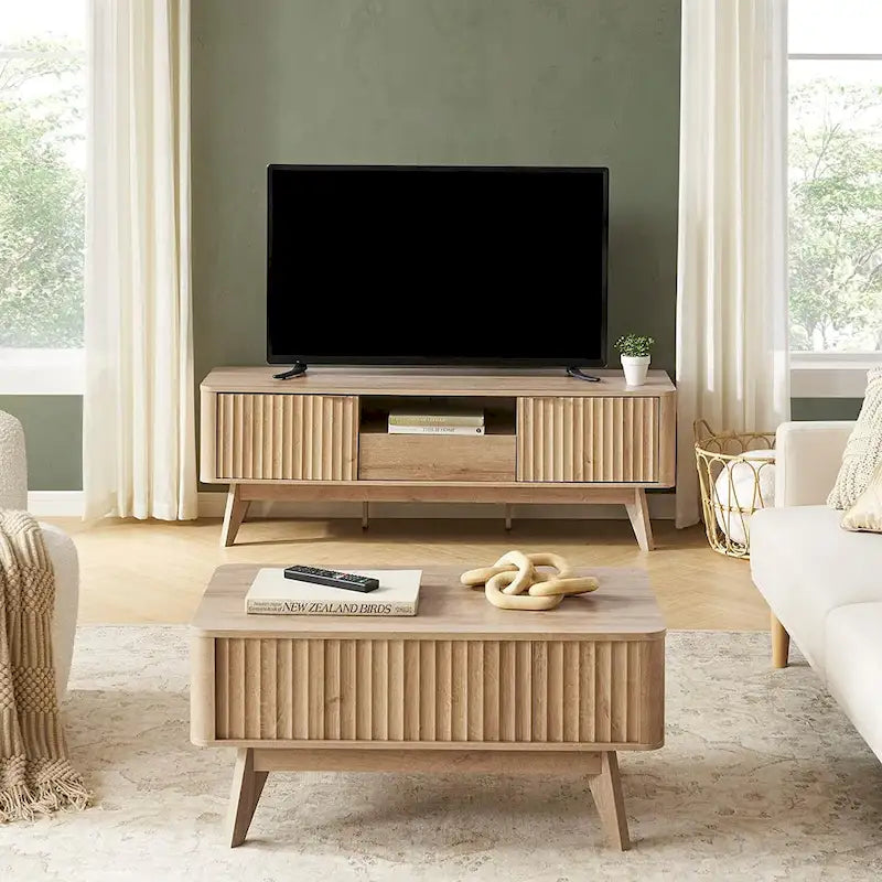 Table basse relevable avec rangement, panneaux cannelés, style Art déco – 1 personne