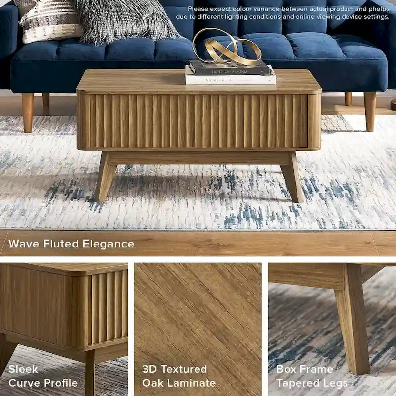 Table basse relevable avec rangement, panneaux cannelés, style Art déco – 1 personne