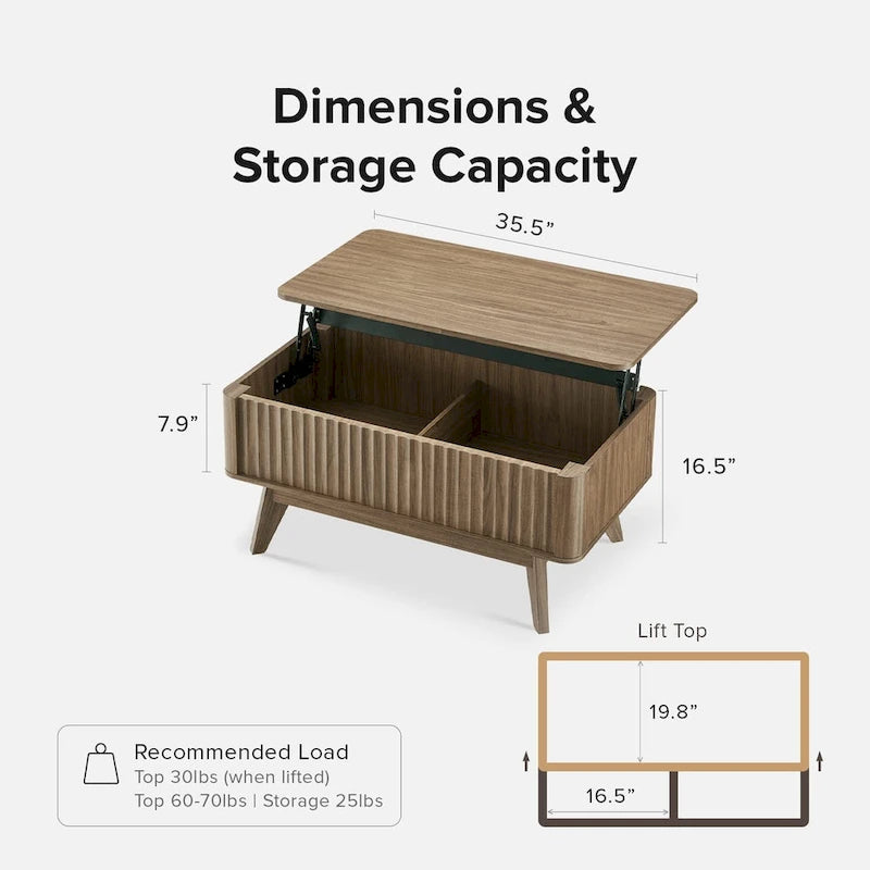 Table basse relevable avec rangement, panneaux cannelés, style Art déco – 1 personne
