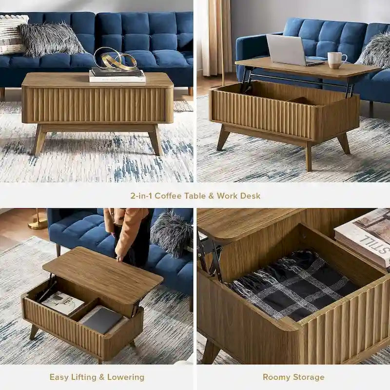 Table basse relevable avec rangement, panneaux cannelés, style Art déco – 1 personne