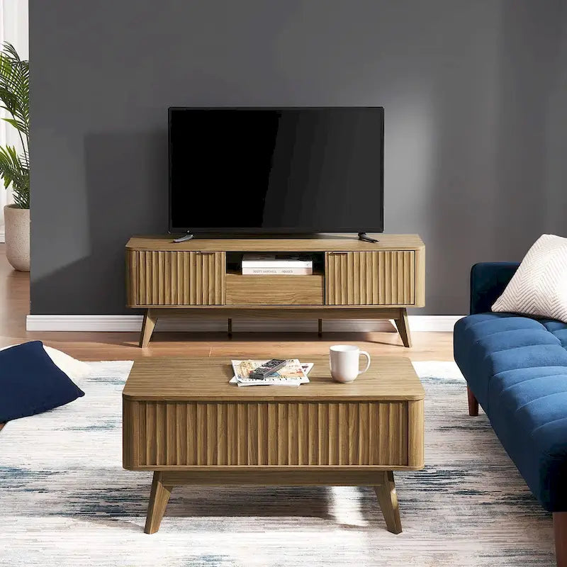 Table basse relevable avec rangement, panneaux cannelés, style Art déco – 1 personne