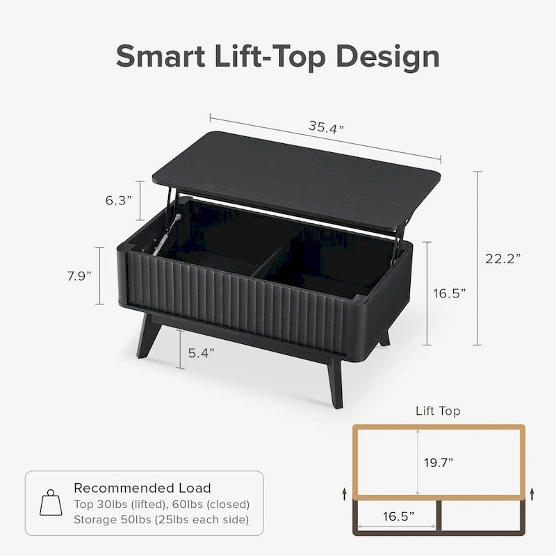 Table basse relevable avec rangement, panneaux cannelés, style Art déco – 1 personne