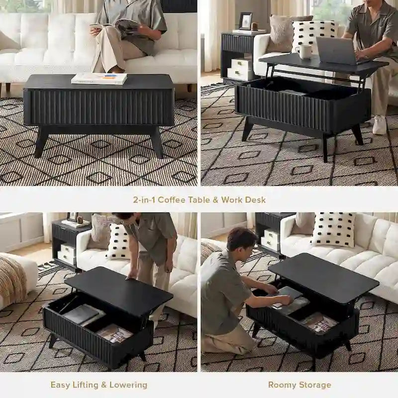 Table basse relevable avec rangement, panneaux cannelés, style Art déco – 1 personne