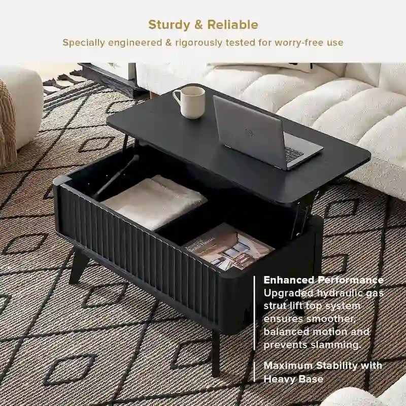 Table basse relevable avec rangement, panneaux cannelés, style Art déco – 1 personne
