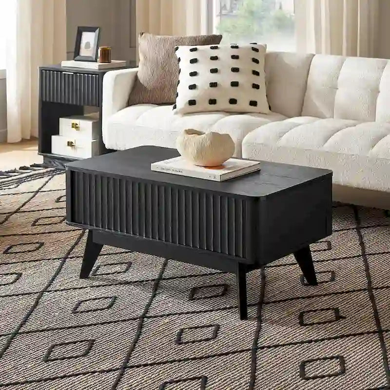Table basse relevable avec rangement, panneaux cannelés, style Art déco – 1 personne