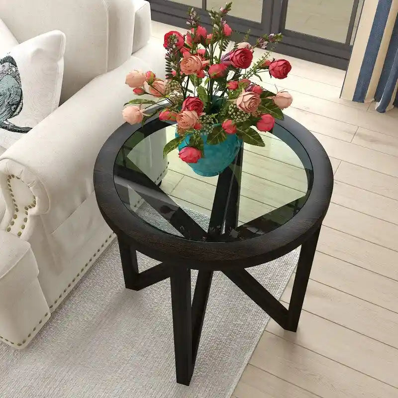 Table basse en verre trempé ronde/ovale noire/marron avec base en bois massif