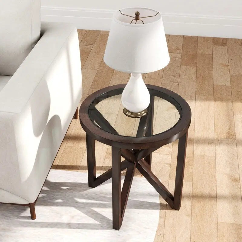 Table basse en verre trempé ronde/ovale noire/marron avec base en bois massif