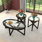 Table basse en verre trempé ronde/ovale noire/marron avec base en bois massif