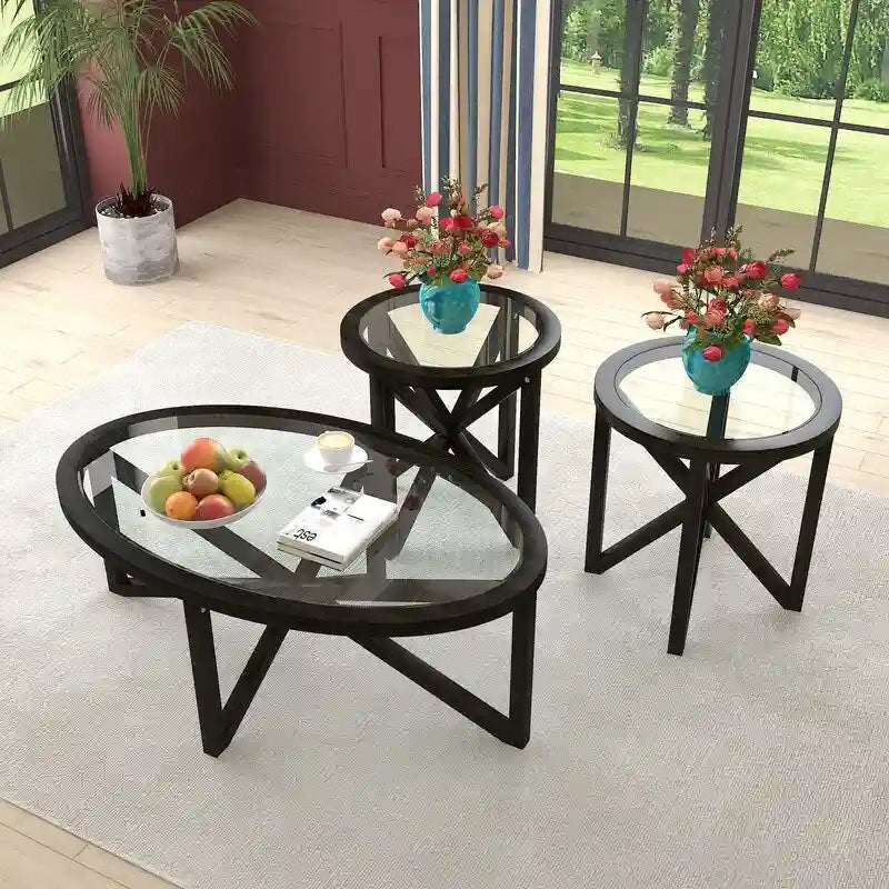 Table basse en verre trempé ronde/ovale noire/marron avec base en bois massif