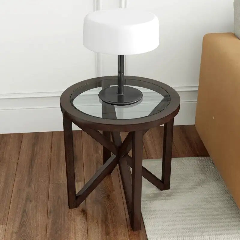 Table basse en verre trempé ronde/ovale noire/marron avec base en bois massif