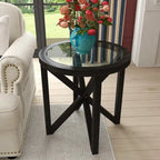 Table basse en verre trempé ronde/ovale noire/marron avec base en bois massif