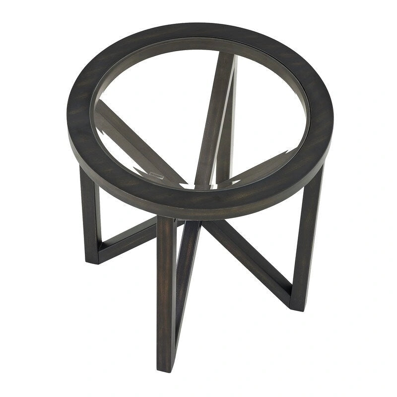 Table basse en verre trempé ronde/ovale noire/marron avec base en bois massif