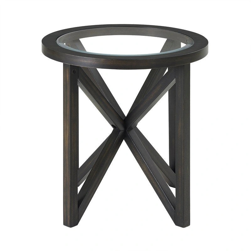 Table basse en verre trempé ronde/ovale noire/marron avec base en bois massif