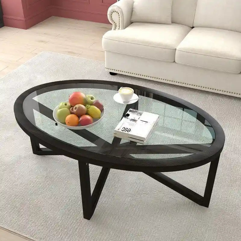 Table basse en verre trempé ronde/ovale noire/marron avec base en bois massif