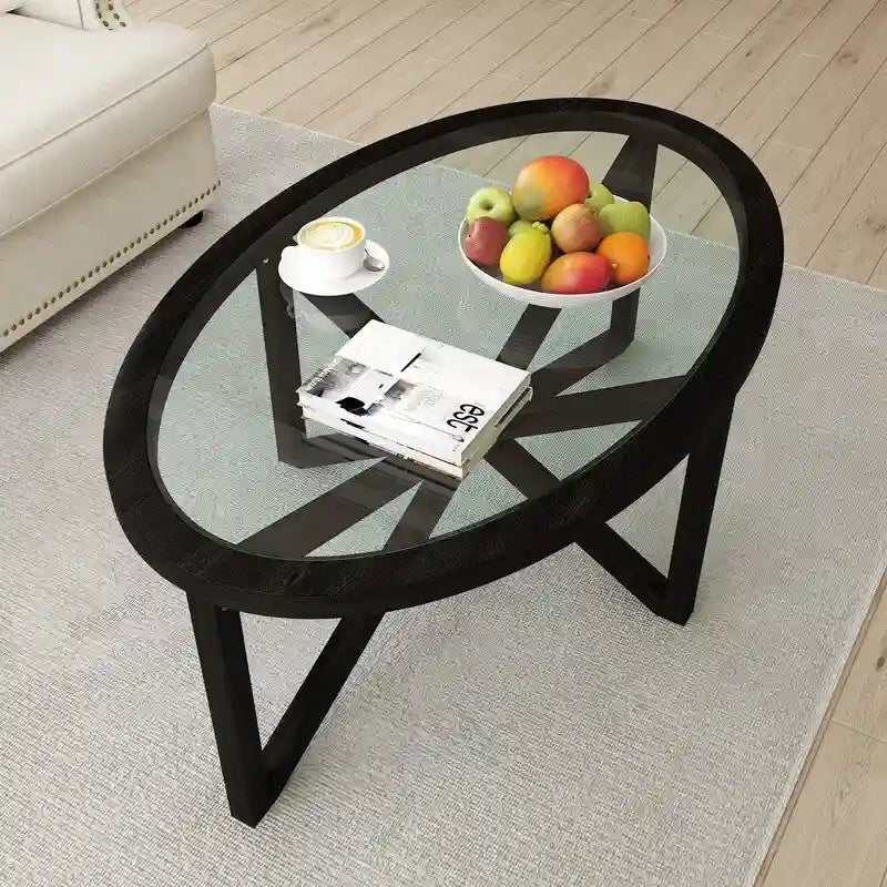 Table basse en verre trempé ronde/ovale noire/marron avec base en bois massif