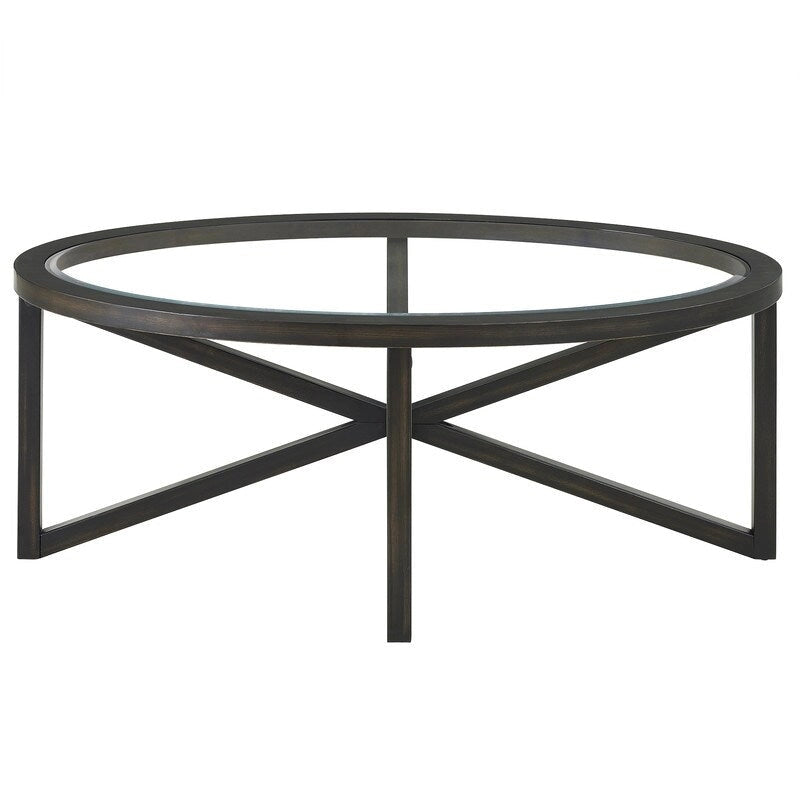 Table basse en verre trempé ronde/ovale noire/marron avec base en bois massif