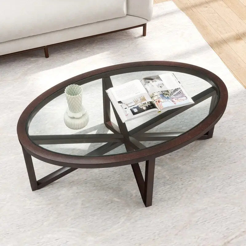 Table basse en verre trempé ronde/ovale noire/marron avec base en bois massif