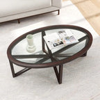 Table basse en verre trempé ronde/ovale noire/marron avec base en bois massif