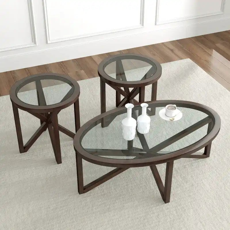 Table basse en verre trempé ronde/ovale noire/marron avec base en bois massif