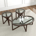 Table basse en verre trempé ronde/ovale noire/marron avec base en bois massif